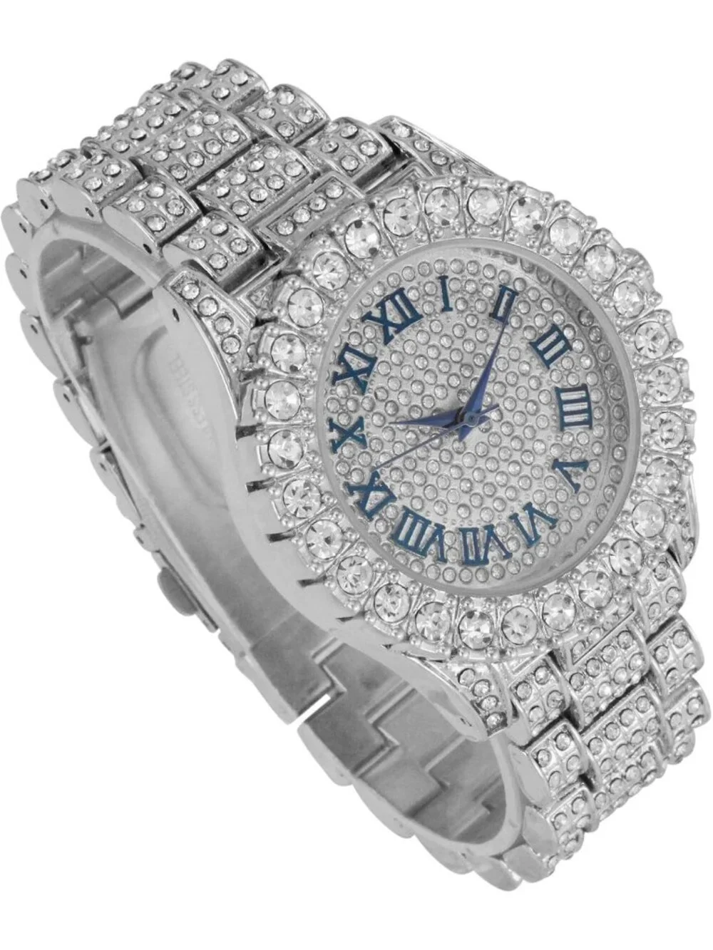 Women's Silver Blue Big Rocks Bezel Colored Dial with Roman Numerals Wrist Watch